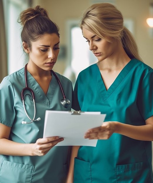 Two nurses reviewing a patient's care plan